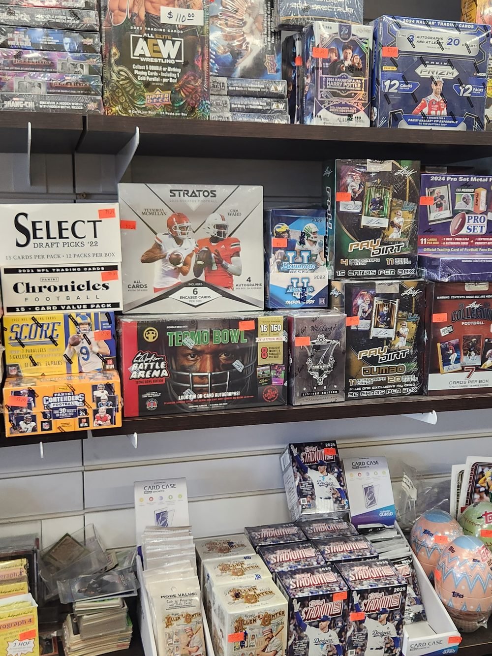 Sealed sports card wax and boxes on the shelves